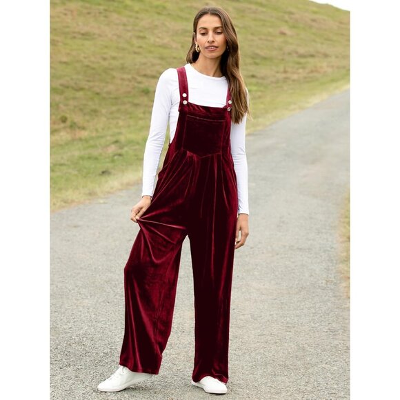 Women Red Casual Velvet Sleeveless Loose Jumpsuits Dressy One Piece Pant Rompers - Picture 3 of 5